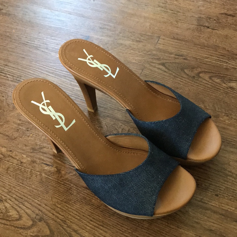Yves Saint Laurent Blue and Tan Heels